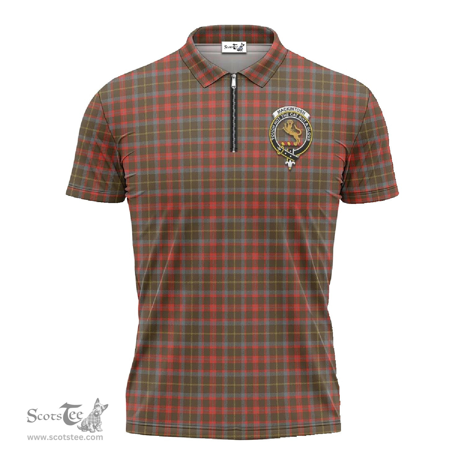 ScotsTee Shop Scottish MacKintosh Hunting Weathered Clan Crest Tartan Zipper Polo Shirt