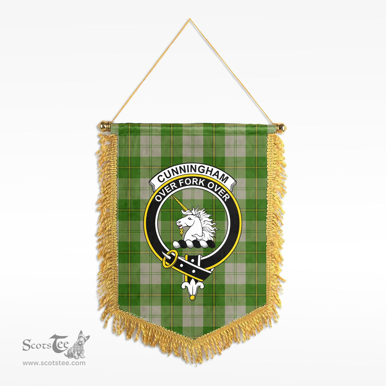 ScotsTee Shop Scottish Cunningham Dress Green Dancers Clan Crest Tartan Gonfalon Scottish Wall Hanging Banner