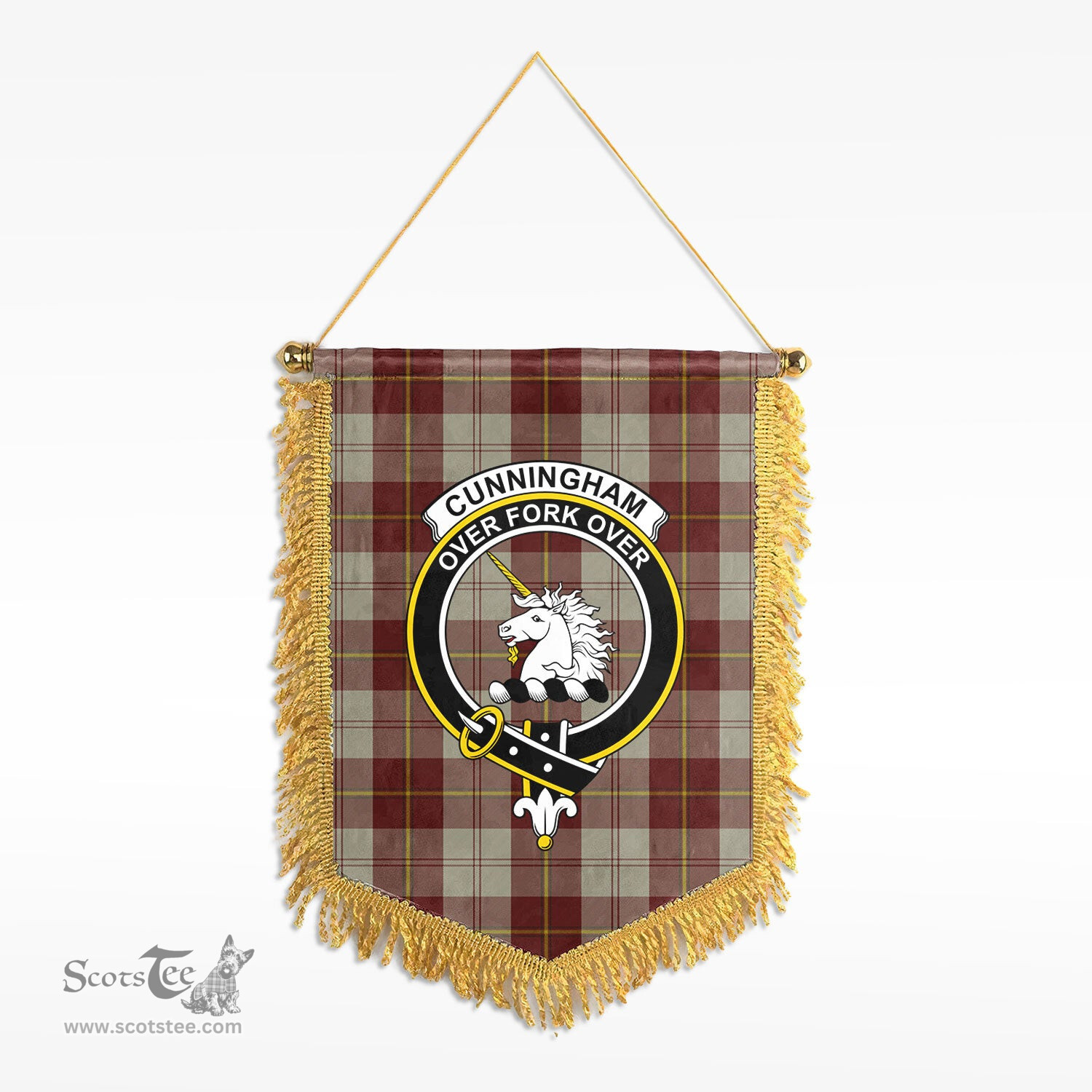 ScotsTee Shop Scottish Cunningham Burgundy Dancers Clan Crest Tartan Gonfalon Scottish Wall Hanging Banner