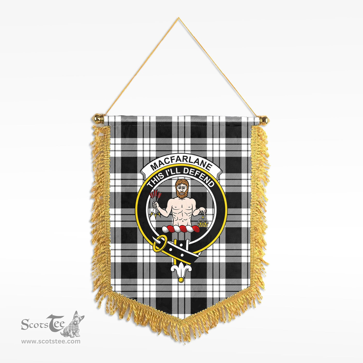 ScotsTee Shop Scottish MacFarlane Black - White Clan Crest Tartan Gonfalon Scottish Wall Hanging Banner
