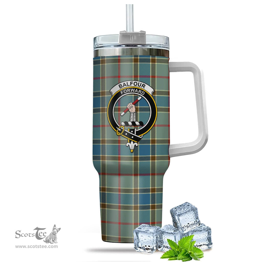 ScotsTee Shop Scottish Balfour Blue Clan Crest Tartan Tumbler with Handle 40oz Insulated Tumbler