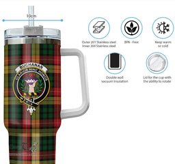 ScotsTee Shop Scottish Buchanan Clan Crest Tartan Tumbler with Handle 40oz Insulated Tumbler
