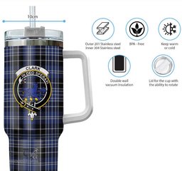 ScotsTee Shop Scottish Clark (Lion) Clan Crest Tartan Tumbler with Handle 40oz Insulated Tumbler