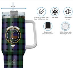ScotsTee Shop Scottish Blair Clan Crest Tartan Tumbler with Handle 40oz Insulated Tumbler