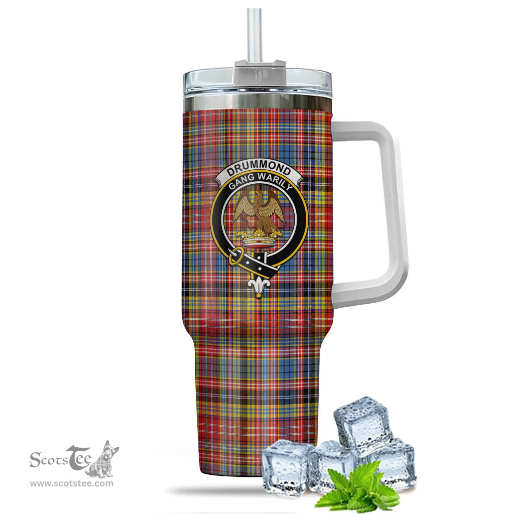ScotsTee Shop Scottish Drummond of Strathallan Modern Clan Crest Tartan Tumbler with Handle 40oz Insulated Tumbler