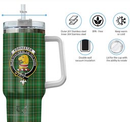 ScotsTee Shop Scottish Forrester or Foster Hunting Clan Crest Tartan Tumbler with Handle 40oz Insulated Tumbler