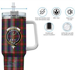 ScotsTee Shop Scottish Fraser of Lovat Clan Crest Tartan Tumbler with Handle 40oz Insulated Tumbler