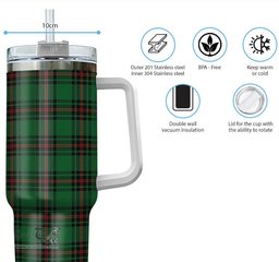 ScotsTee Shop Scottish Kinnear Clan Tartan Tumbler with Handle 40oz Insulated Tumbler