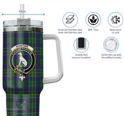 ScotsTee Shop Scottish Hunter of Hunterston Clan Crest Tartan Tumbler with Handle 40oz Insulated Tumbler