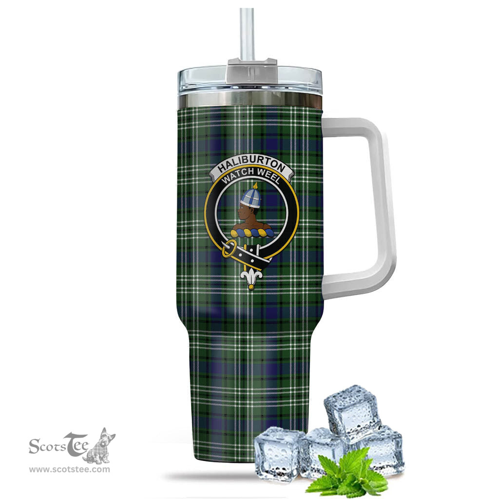 ScotsTee Shop Scottish Haliburton Clan Crest Tartan Tumbler with Handle 40oz Insulated Tumbler