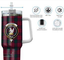ScotsTee Shop Scottish Lindsay Clan Crest Tartan Tumbler with Handle 40oz Insulated Tumbler