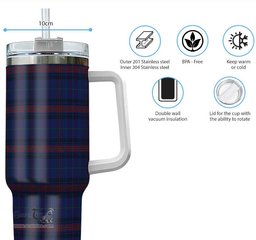 ScotsTee Shop Scottish Hughes of Wales Clan Tartan Tumbler with Handle 40oz Insulated Tumbler