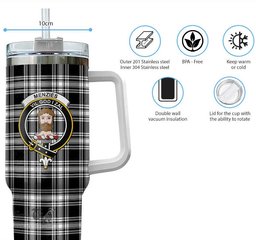 ScotsTee Shop Scottish Menzies Black and White Clan Crest Tartan Tumbler with Handle 40oz Insulated Tumbler