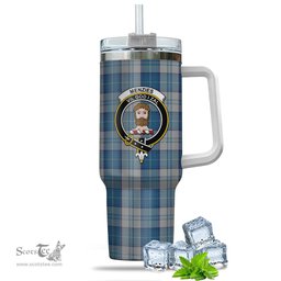 ScotsTee Shop Scottish Menzies Dress Blue and White Clan Crest Tartan Tumbler with Handle 40oz Insulated Tumbler