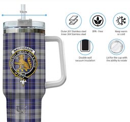ScotsTee Shop Scottish MacPherson Dress Blue Clan Crest Tartan Tumbler with Handle 40oz Insulated Tumbler