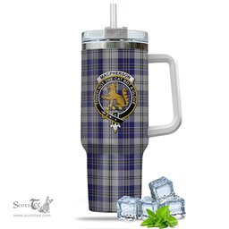 ScotsTee Shop Scottish MacPherson Dress Blue Clan Crest Tartan Tumbler with Handle 40oz Insulated Tumbler