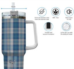 ScotsTee Shop Scottish Menzies Dress Blue and White Clan Tartan Tumbler with Handle 40oz Insulated Tumbler