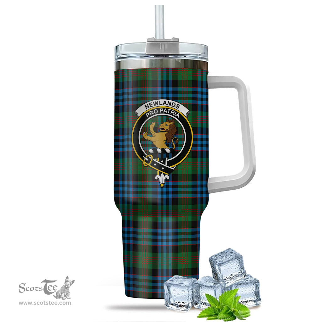 ScotsTee Shop Scottish Newlands of Lauriston Clan Crest Tartan Tumbler with Handle 40oz Insulated Tumbler