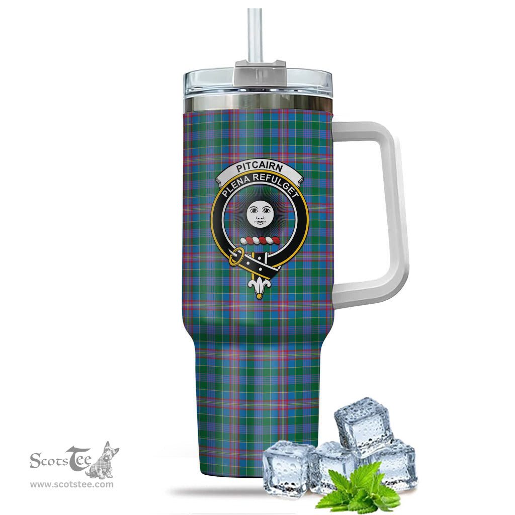 ScotsTee Shop Scottish Pitcairn Hunting Clan Crest Tartan Tumbler with Handle 40oz Insulated Tumbler