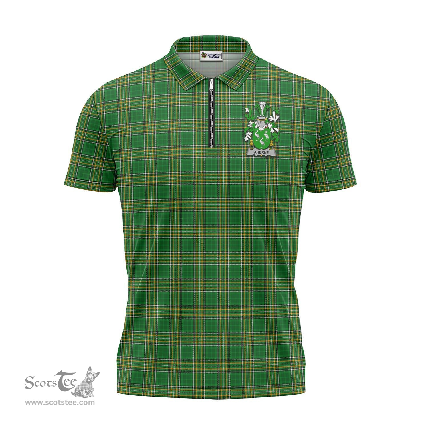 ScotsTee Shop Irish Aherne Coat of Arms Family Crest Ireland Mens Zipper Polo Shirt Irish National Tartan Irish Zipper Polo Shirt