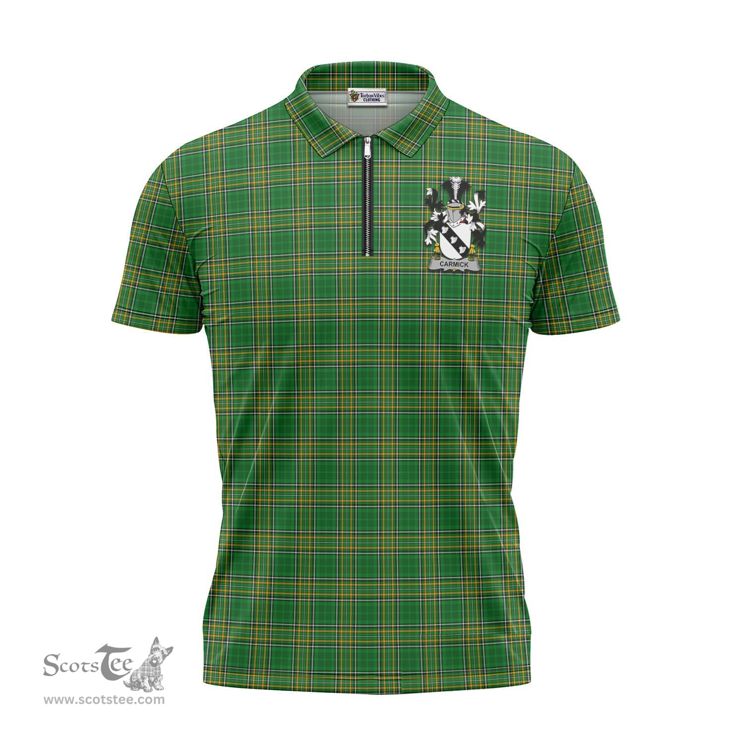 ScotsTee Shop Irish Carmick Coat of Arms Family Crest Ireland Mens Zipper Polo Shirt Irish National Tartan Irish Zipper Polo Shirt