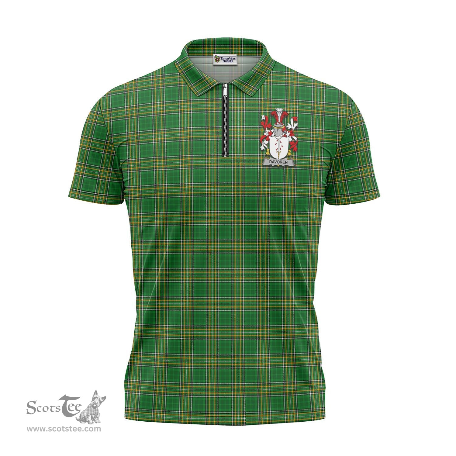ScotsTee Shop Irish Davoren Coat of Arms Family Crest Ireland Mens Zipper Polo Shirt Irish National Tartan Irish Zipper Polo Shirt