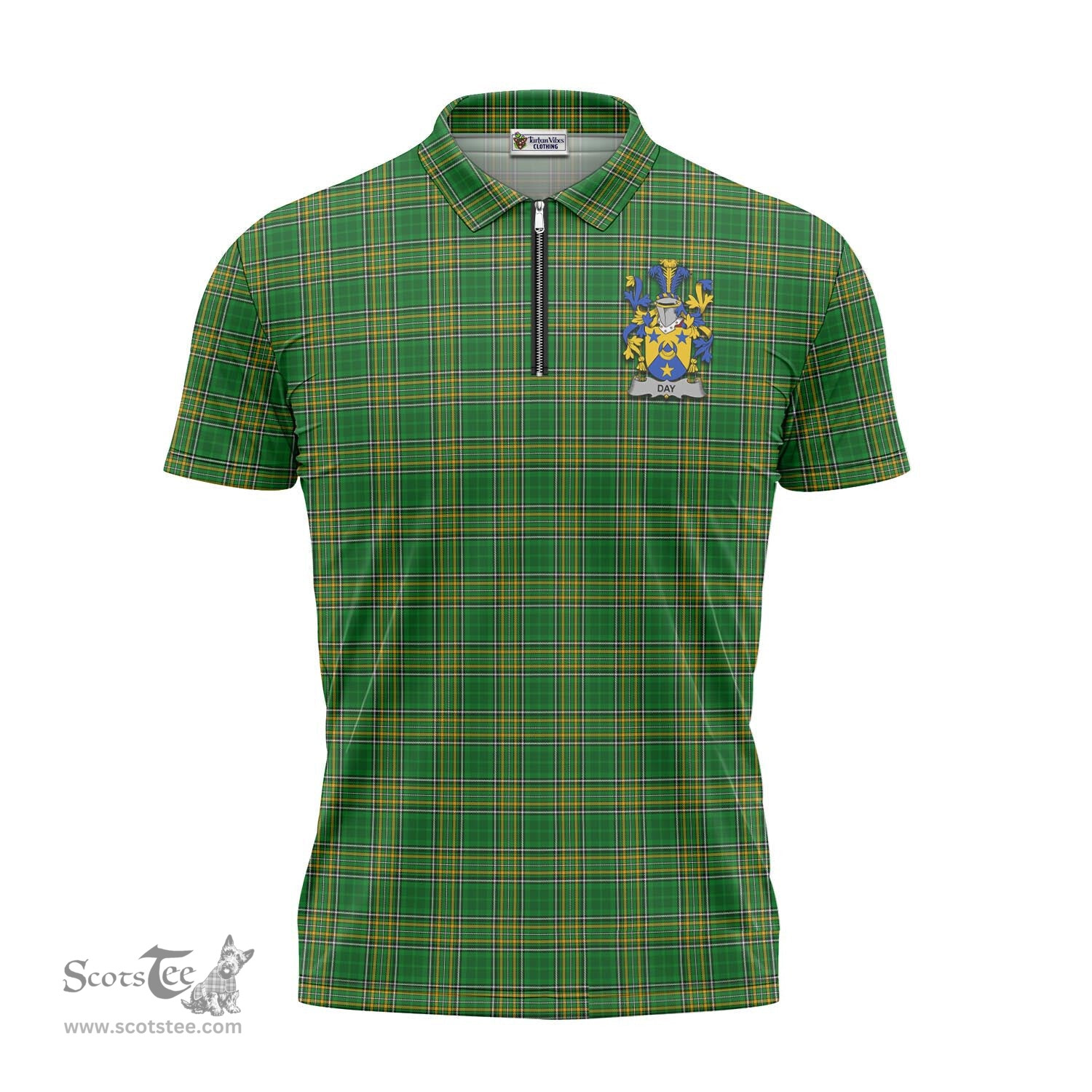 ScotsTee Shop Irish Day Coat of Arms Family Crest Ireland Mens Zipper Polo Shirt Irish National Tartan Irish Zipper Polo Shirt