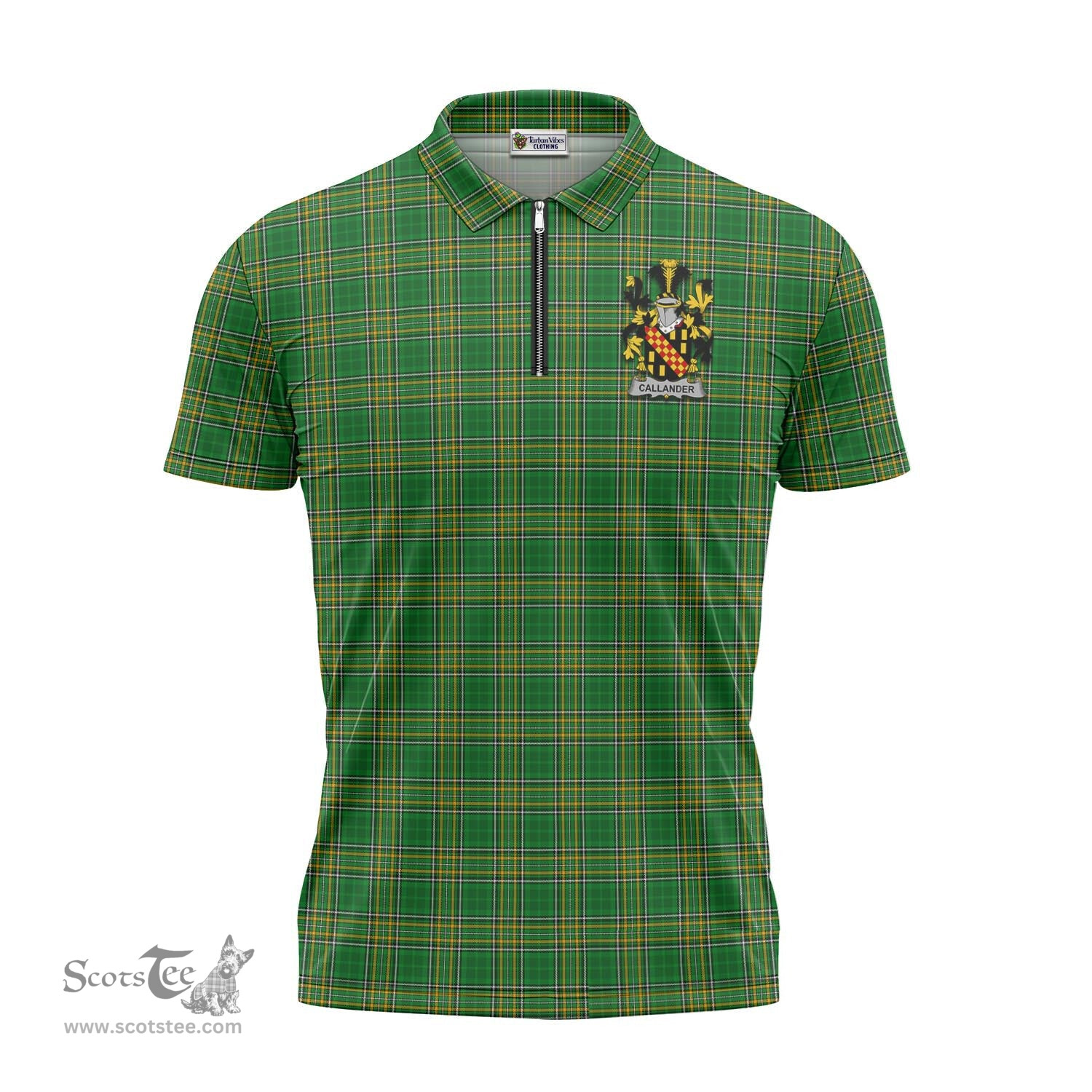 ScotsTee Shop Irish Callander Coat of Arms Family Crest Ireland Mens Zipper Polo Shirt Irish National Tartan Irish Zipper Polo Shirt
