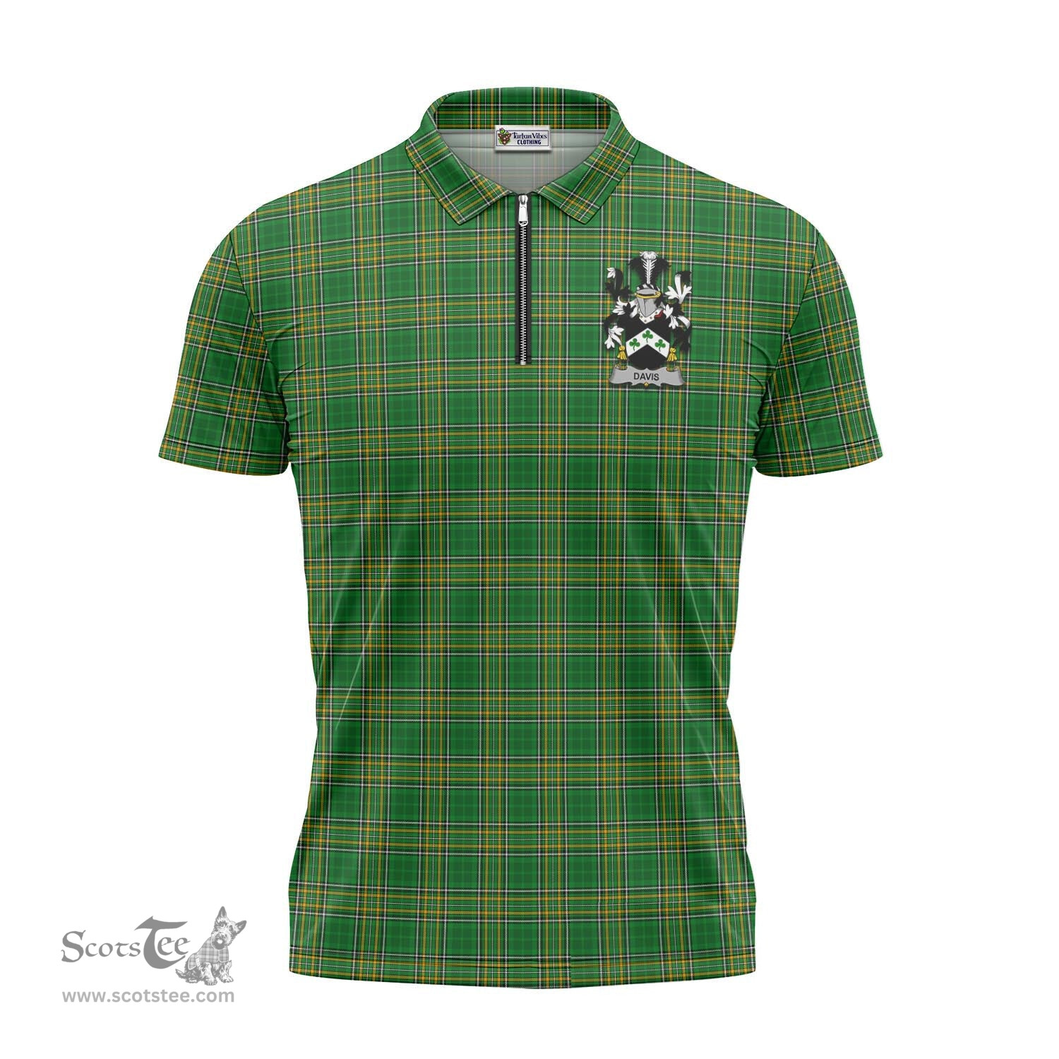 ScotsTee Shop Irish Davis Coat of Arms Family Crest Ireland Mens Zipper Polo Shirt Irish National Tartan Irish Zipper Polo Shirt