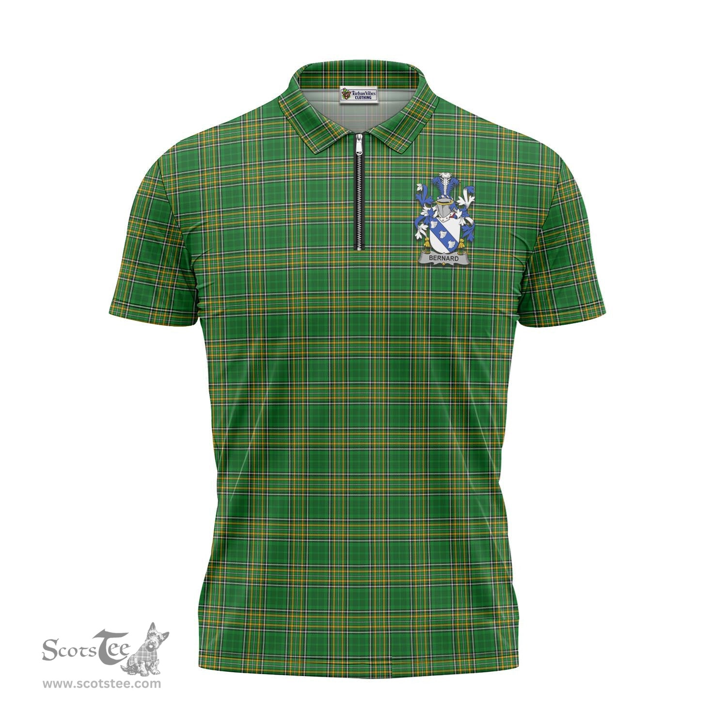ScotsTee Shop Irish Bernard Coat of Arms Family Crest Ireland Mens Zipper Polo Shirt Irish National Tartan Irish Zipper Polo Shirt