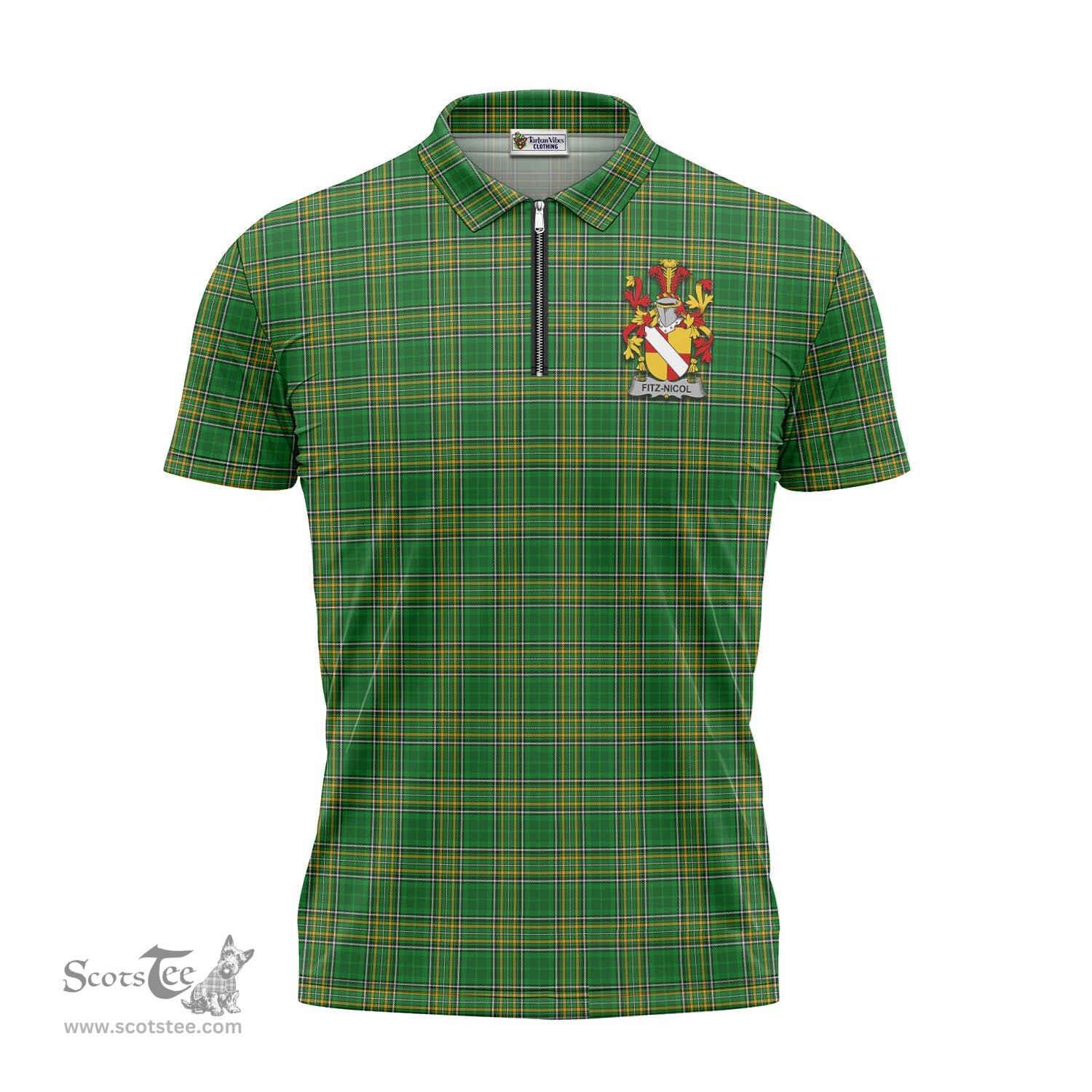 ScotsTee Shop Irish Fitz-Nicol Coat of Arms Family Crest Ireland Mens Zipper Polo Shirt Irish National Tartan Irish Zipper Polo Shirt