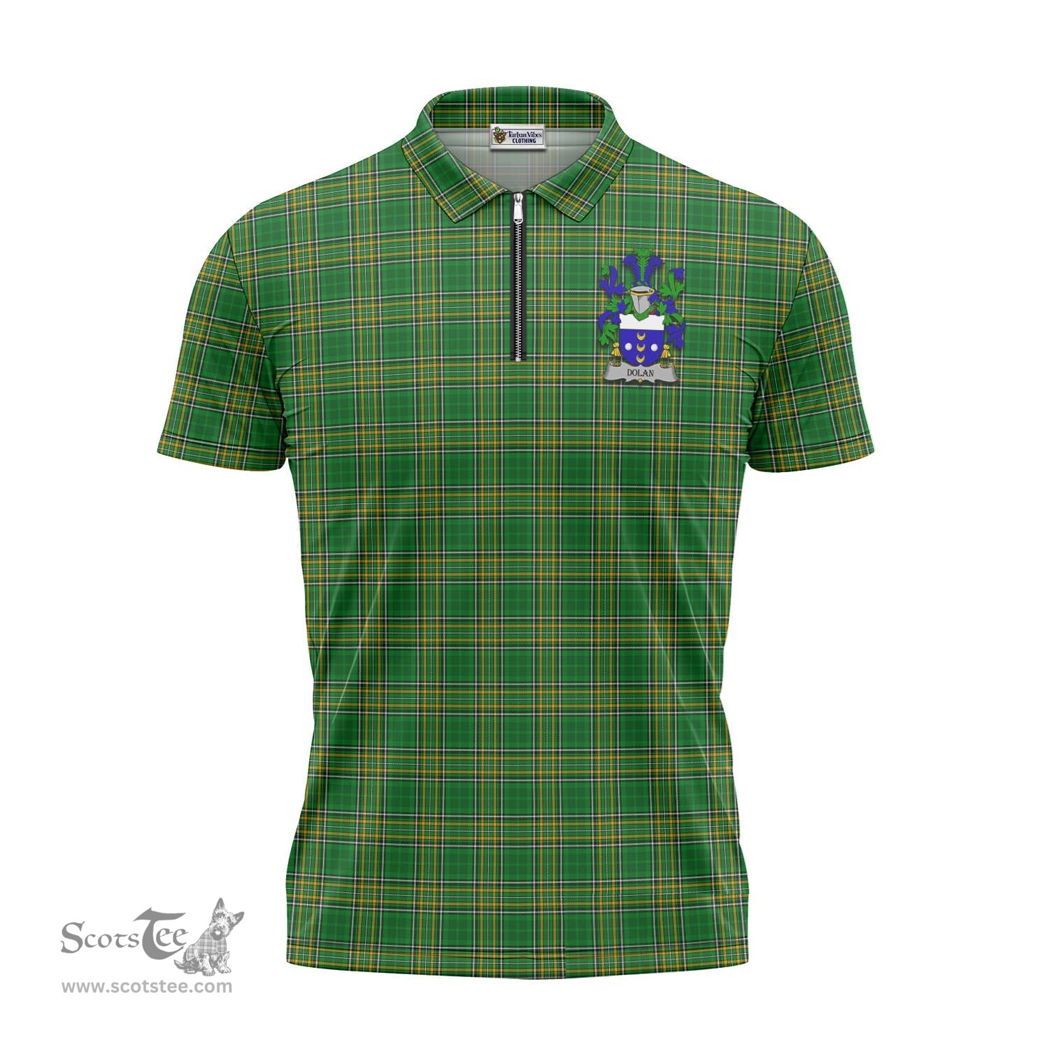 ScotsTee Shop Irish Dolan Coat of Arms Family Crest Ireland Mens Zipper Polo Shirt Irish National Tartan Irish Zipper Polo Shirt