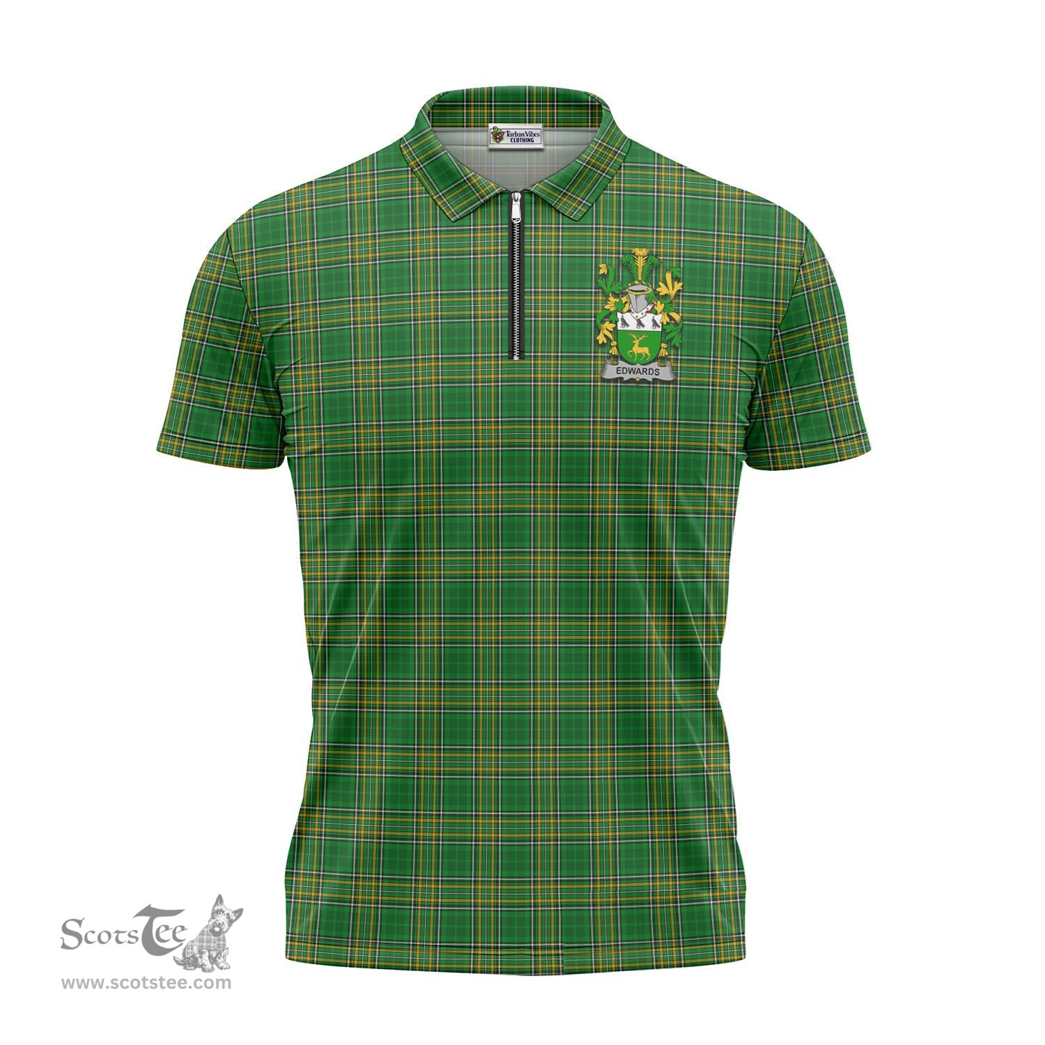 ScotsTee Shop Irish Edwards Coat of Arms Family Crest Ireland Mens Zipper Polo Shirt Irish National Tartan Irish Zipper Polo Shirt