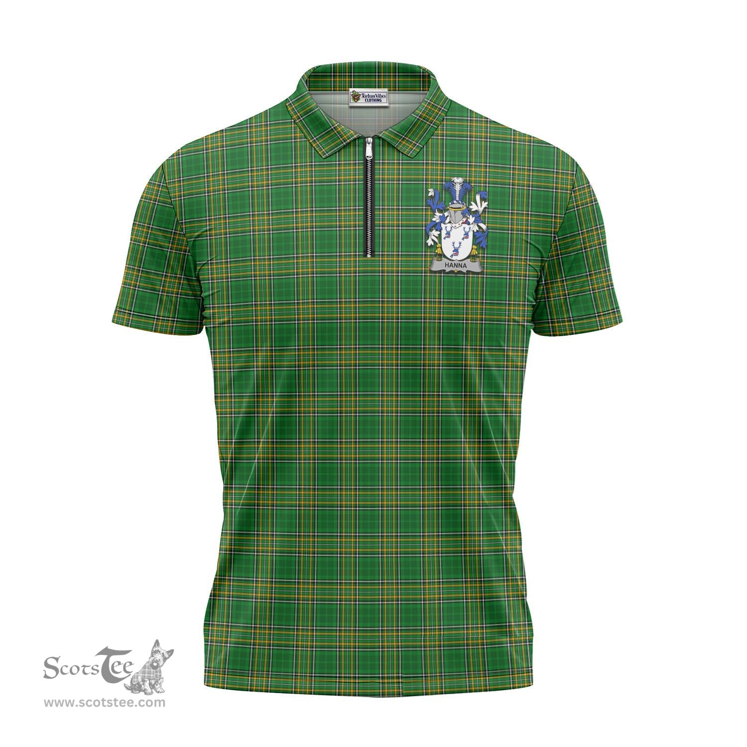 ScotsTee Shop Irish Hanna Coat of Arms Family Crest Ireland Mens Zipper Polo Shirt Irish National Tartan Irish Zipper Polo Shirt