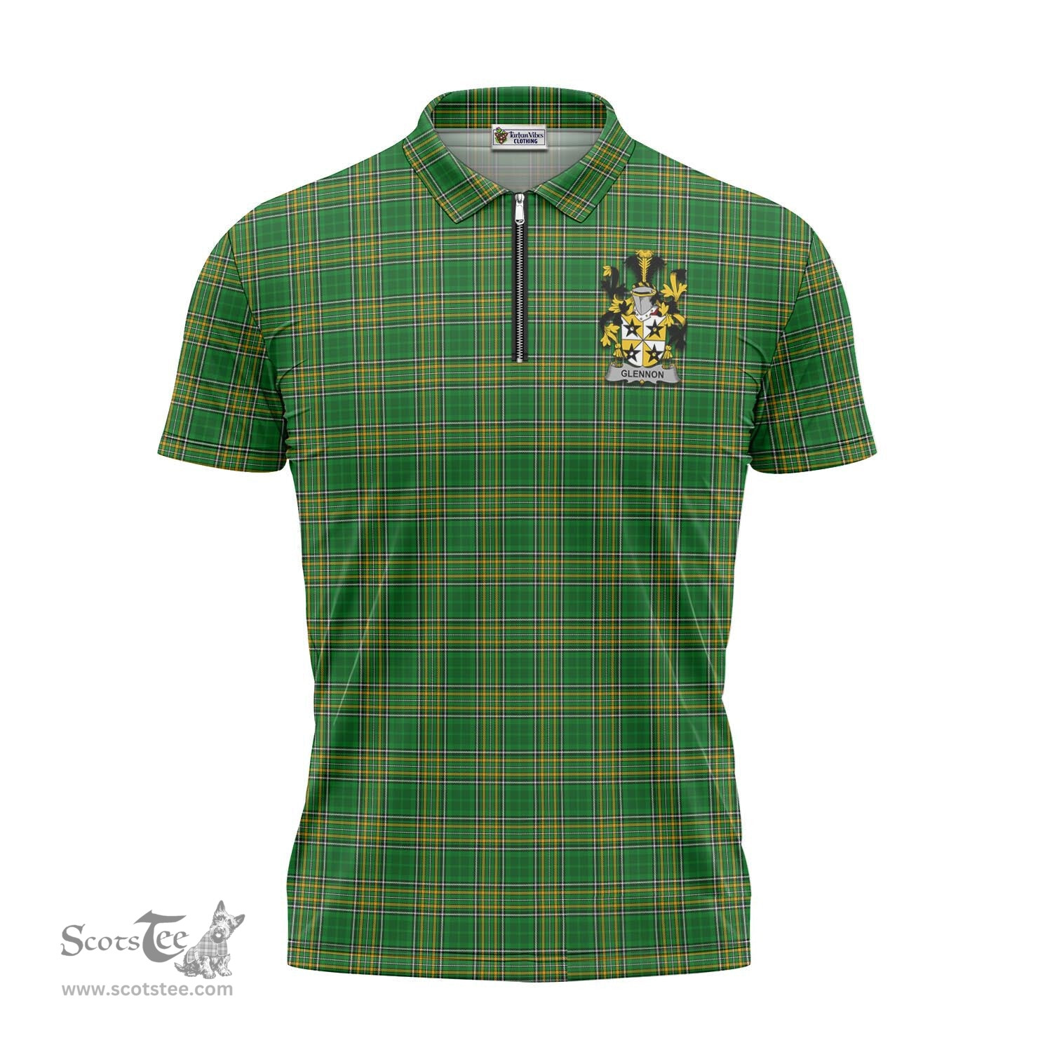 ScotsTee Shop Irish Glennon Coat of Arms Family Crest Ireland Mens Zipper Polo Shirt Irish National Tartan Irish Zipper Polo Shirt