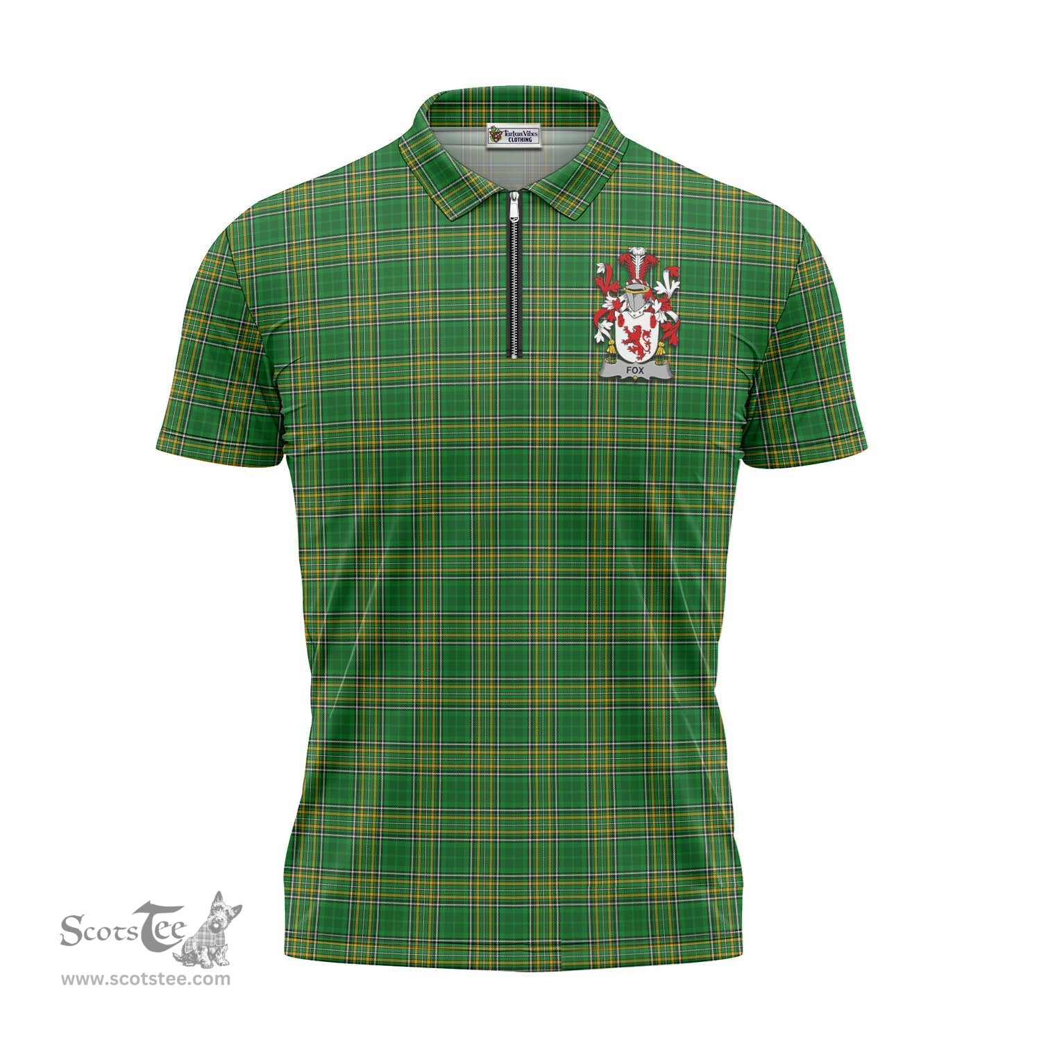 ScotsTee Shop Irish Fox Coat of Arms Family Crest Ireland Mens Zipper Polo Shirt Irish National Tartan Irish Zipper Polo Shirt