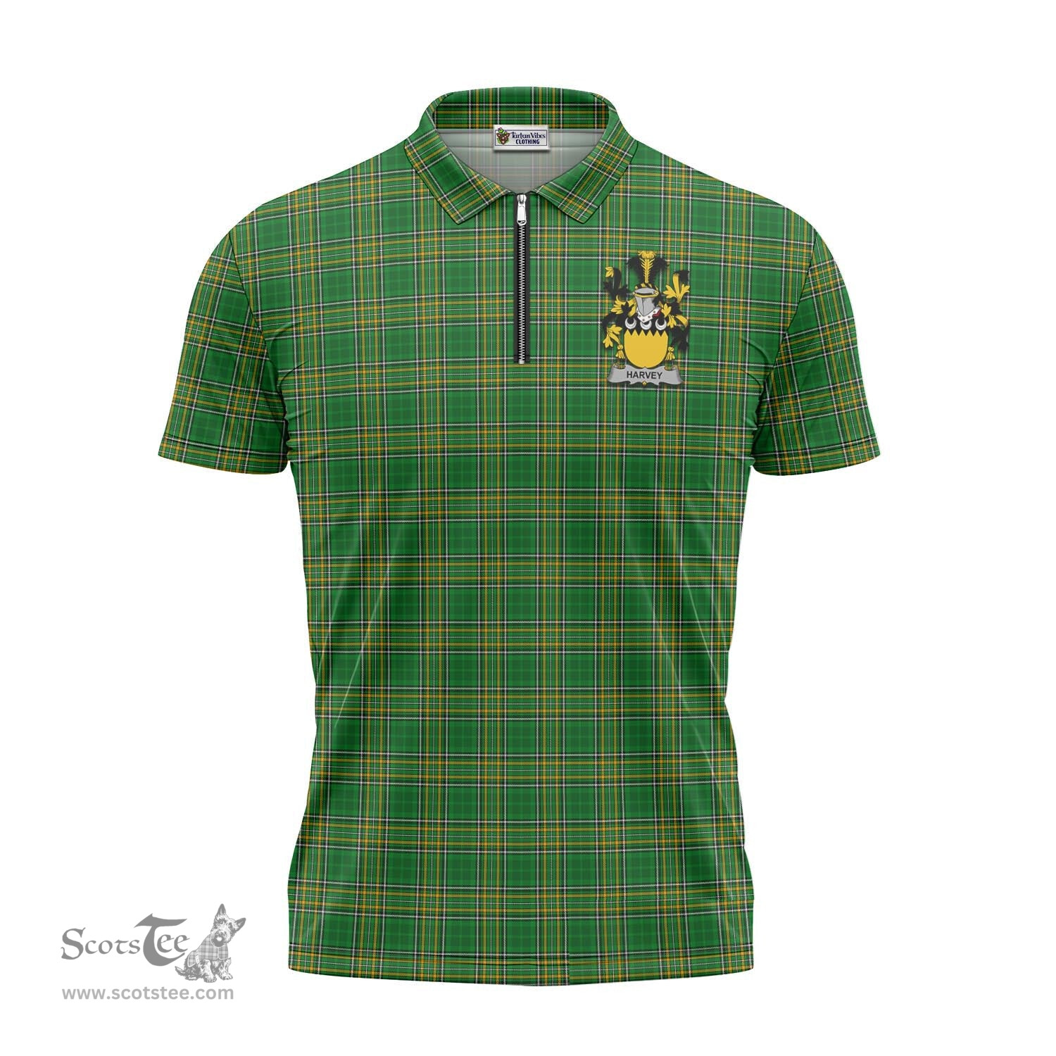 ScotsTee Shop Irish Harvey Coat of Arms Family Crest Ireland Mens Zipper Polo Shirt Irish National Tartan Irish Zipper Polo Shirt