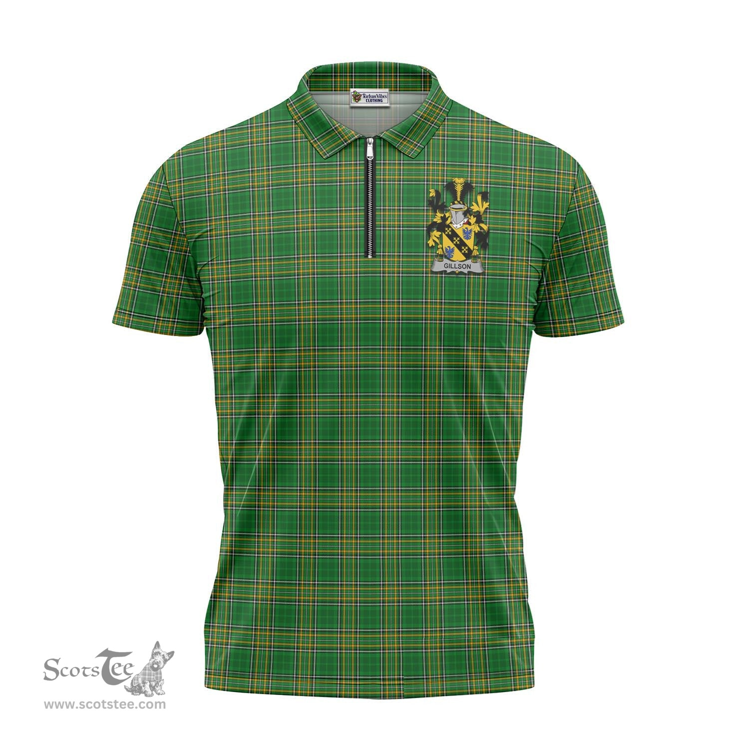 ScotsTee Shop Irish Gillson Coat of Arms Family Crest Ireland Mens Zipper Polo Shirt Irish National Tartan Irish Zipper Polo Shirt