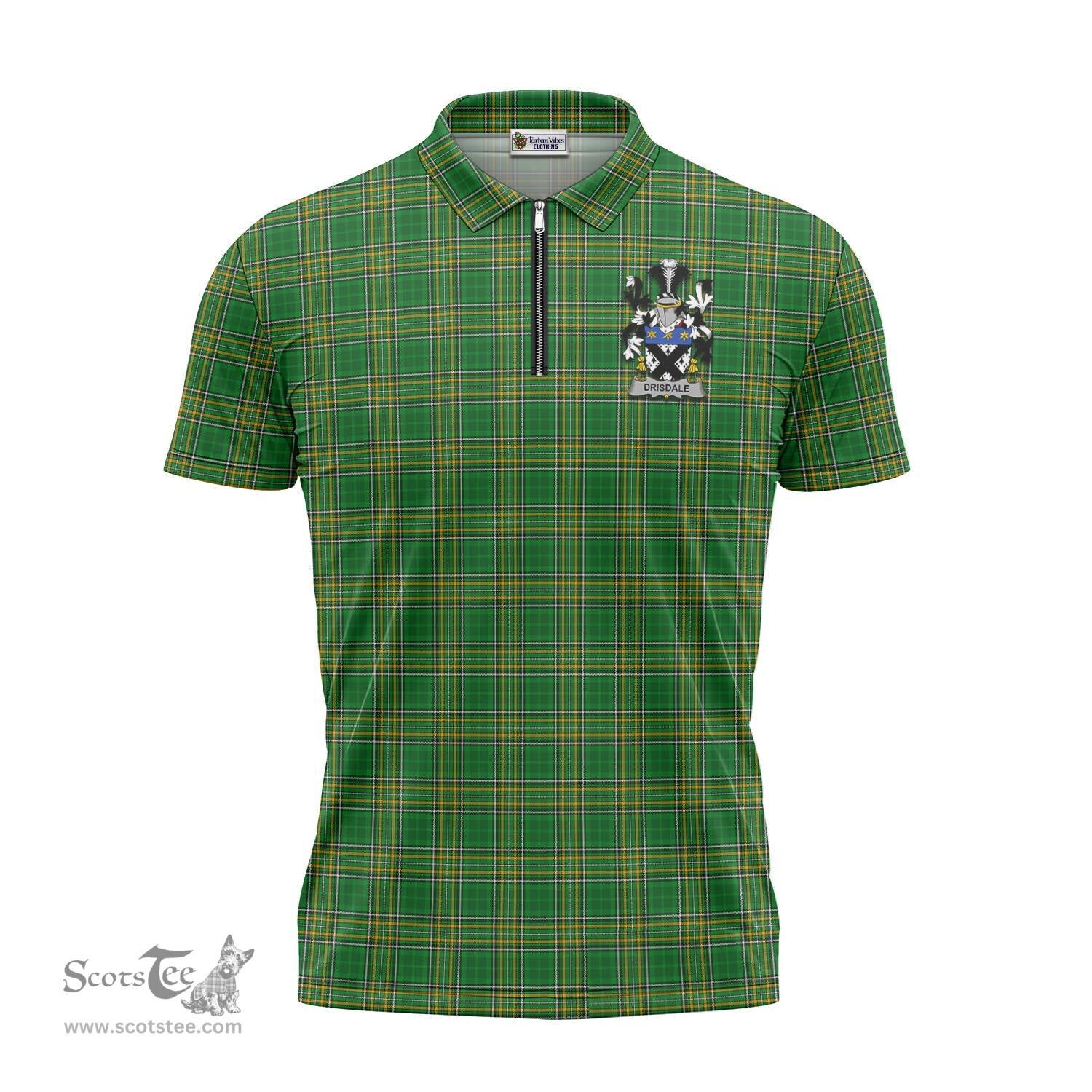 ScotsTee Shop Irish Drisdale Coat of Arms Family Crest Ireland Mens Zipper Polo Shirt Irish National Tartan Irish Zipper Polo Shirt