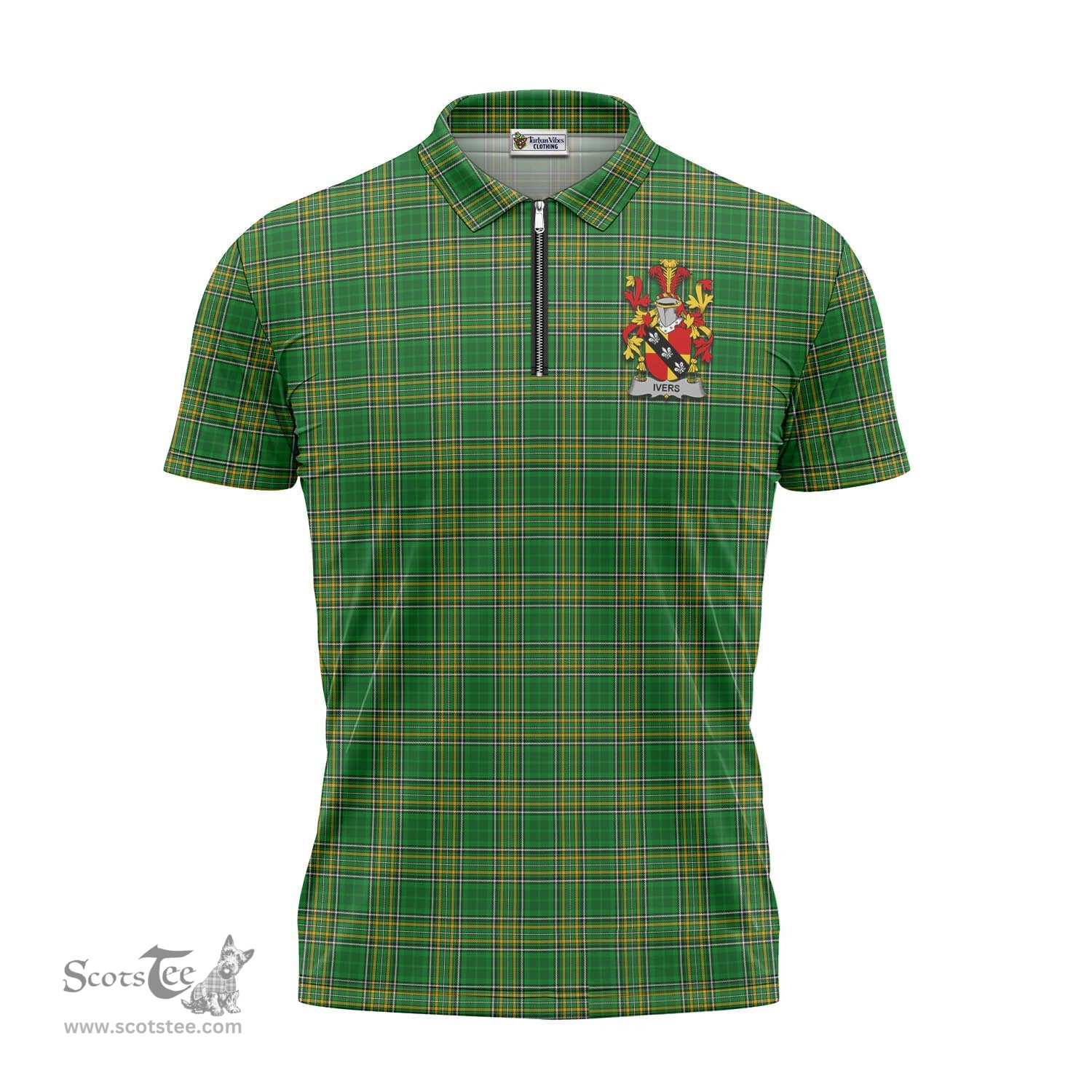 ScotsTee Shop Irish Ivers Coat of Arms Family Crest Ireland Mens Zipper Polo Shirt Irish National Tartan Irish Zipper Polo Shirt