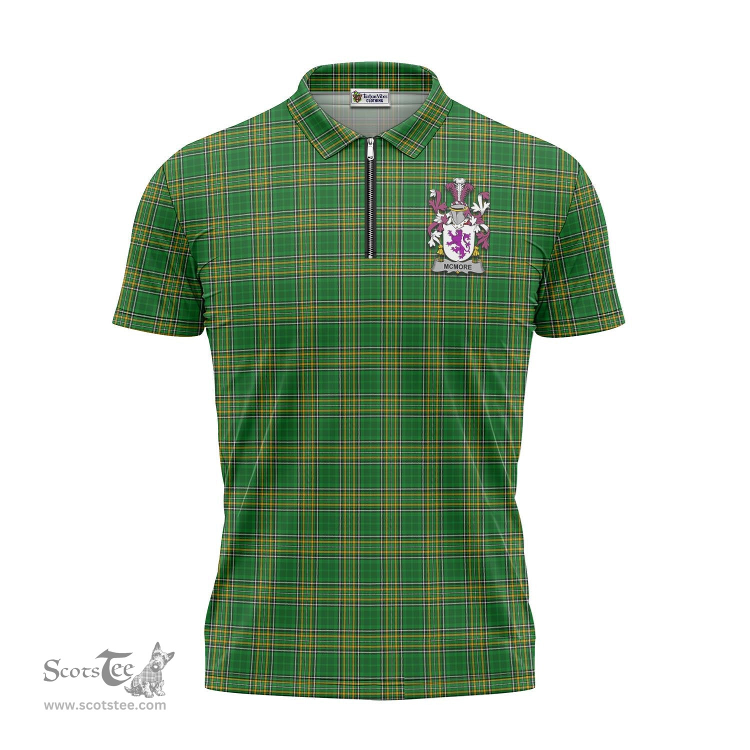 ScotsTee Shop Irish McMore Coat of Arms Family Crest Ireland Mens Zipper Polo Shirt Irish National Tartan Irish Zipper Polo Shirt
