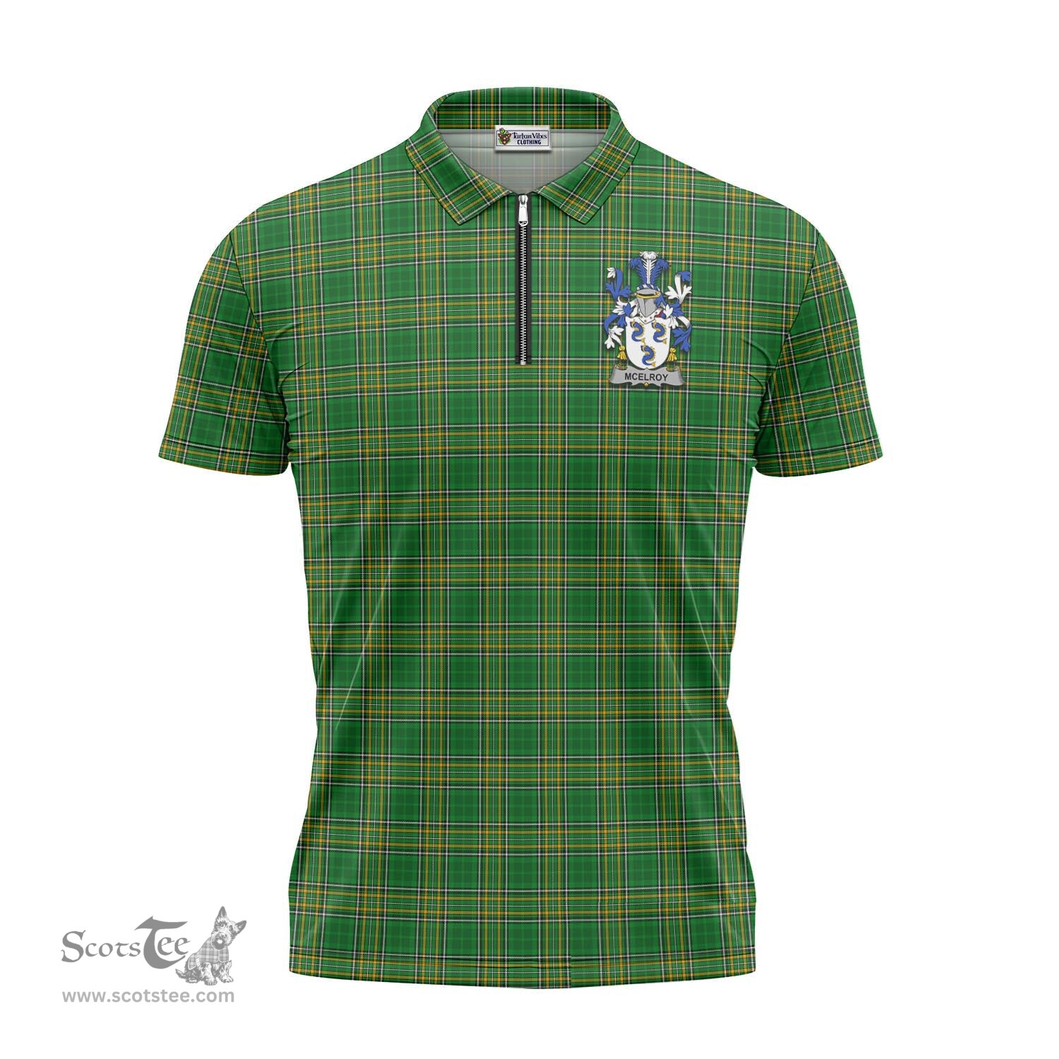 ScotsTee Shop Irish McElroy Coat of Arms Family Crest Ireland Mens Zipper Polo Shirt Irish National Tartan Irish Zipper Polo Shirt