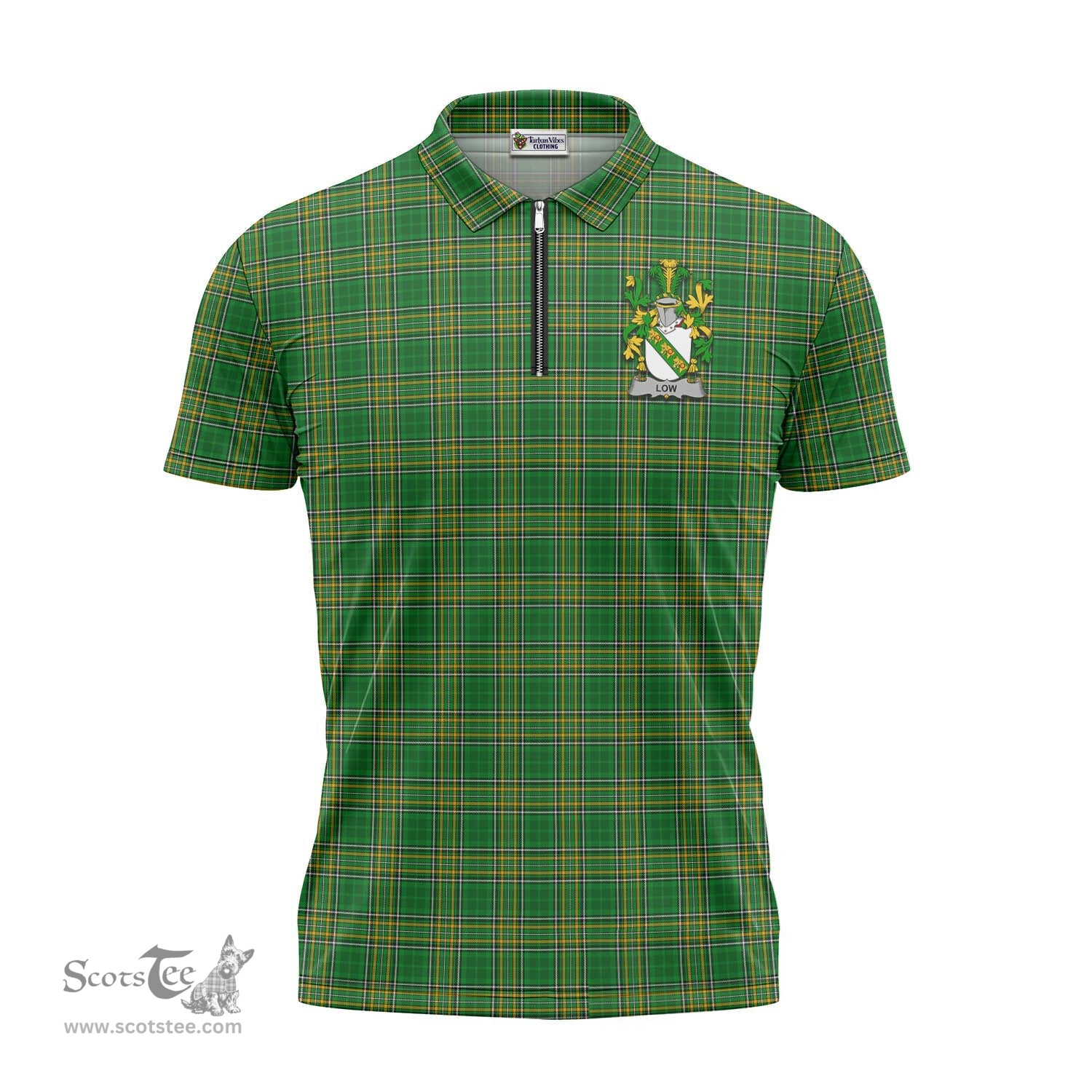 ScotsTee Shop Irish Low Coat of Arms Family Crest Ireland Mens Zipper Polo Shirt Irish National Tartan Irish Zipper Polo Shirt