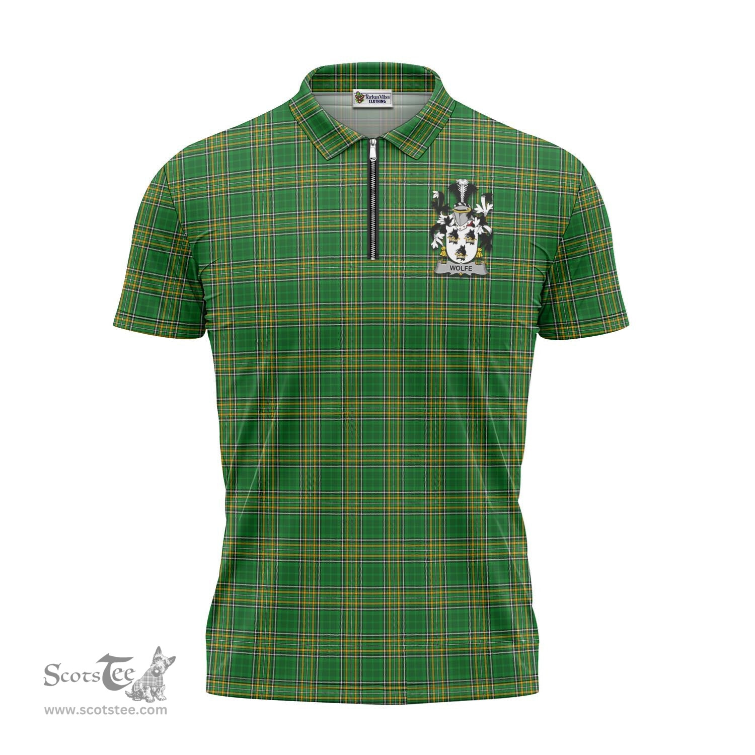ScotsTee Shop Irish Wolfe Coat of Arms Family Crest Ireland Mens Zipper Polo Shirt Irish National Tartan Irish Zipper Polo Shirt