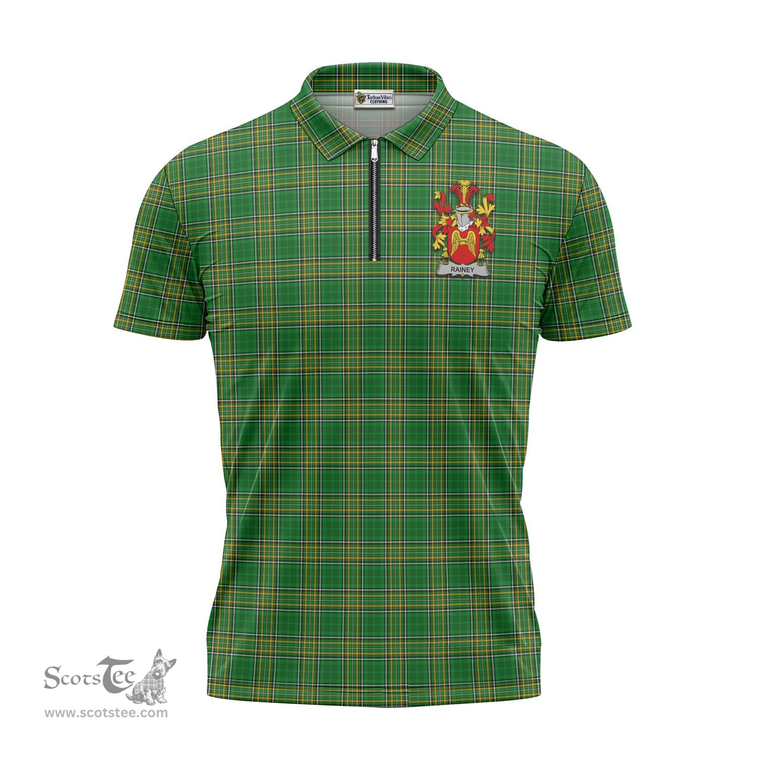 ScotsTee Shop Irish Rainey Coat of Arms Family Crest Ireland Mens Zipper Polo Shirt Irish National Tartan Irish Zipper Polo Shirt