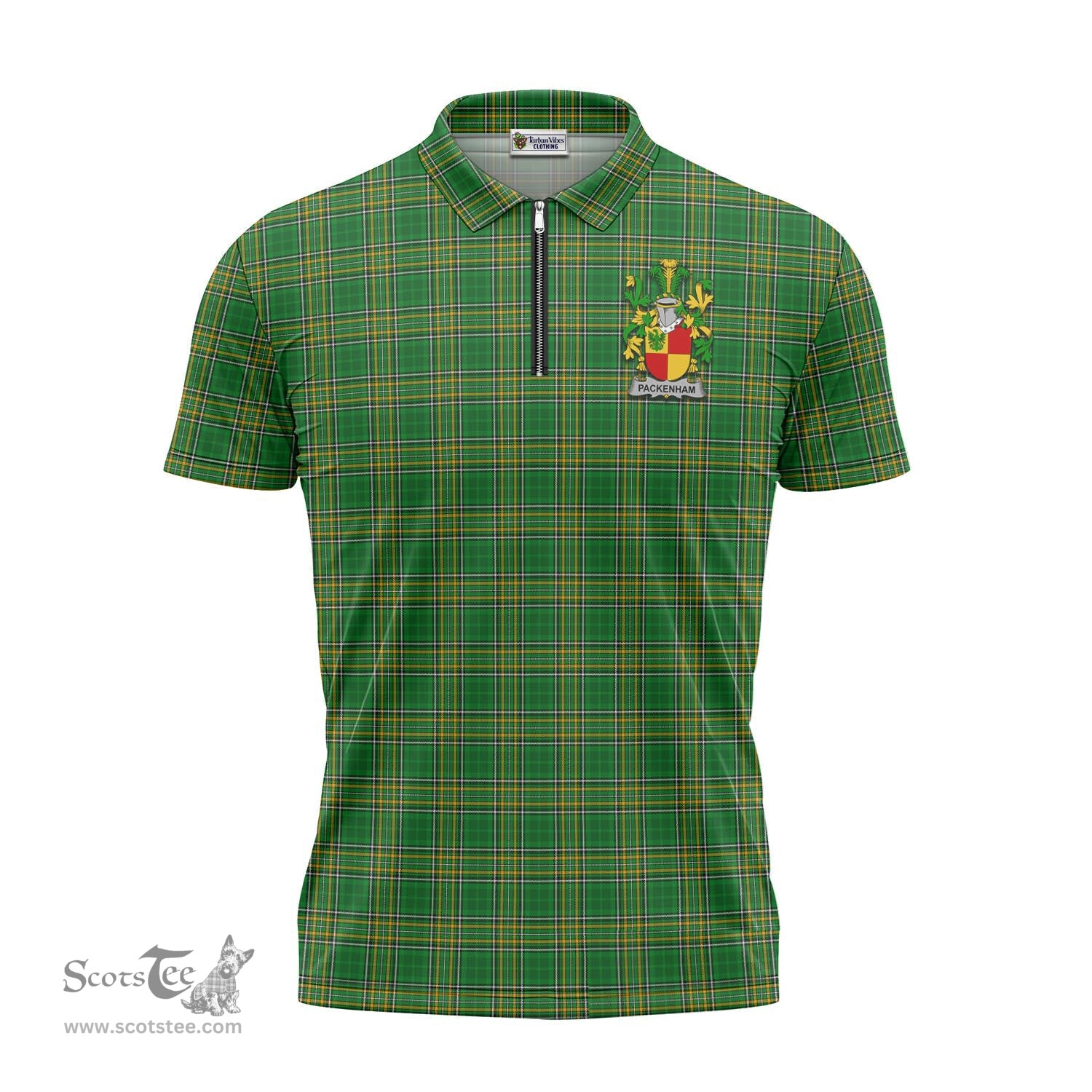 ScotsTee Shop Irish Packenham Coat of Arms Family Crest Ireland Mens Zipper Polo Shirt Irish National Tartan Irish Zipper Polo Shirt