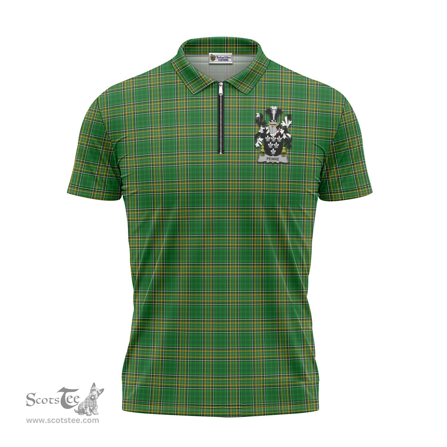 ScotsTee Shop Irish Penne Coat of Arms Family Crest Ireland Mens Zipper Polo Shirt Irish National Tartan Irish Zipper Polo Shirt