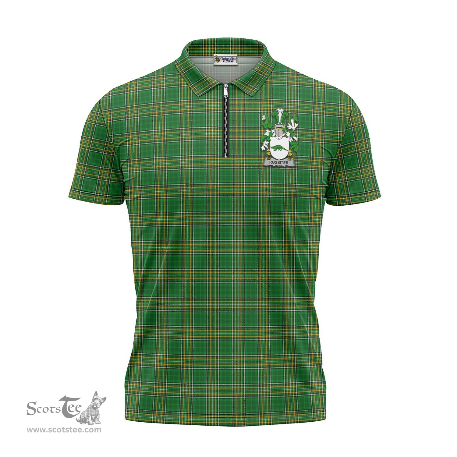 ScotsTee Shop Irish Rossiter Coat of Arms Family Crest Ireland Mens Zipper Polo Shirt Irish National Tartan Irish Zipper Polo Shirt