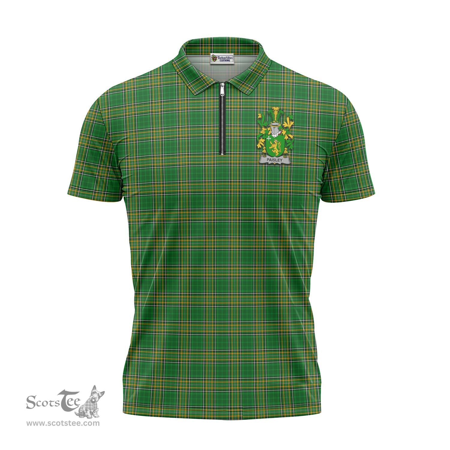 ScotsTee Shop Irish Paisley Coat of Arms Family Crest Ireland Mens Zipper Polo Shirt Irish National Tartan Irish Zipper Polo Shirt