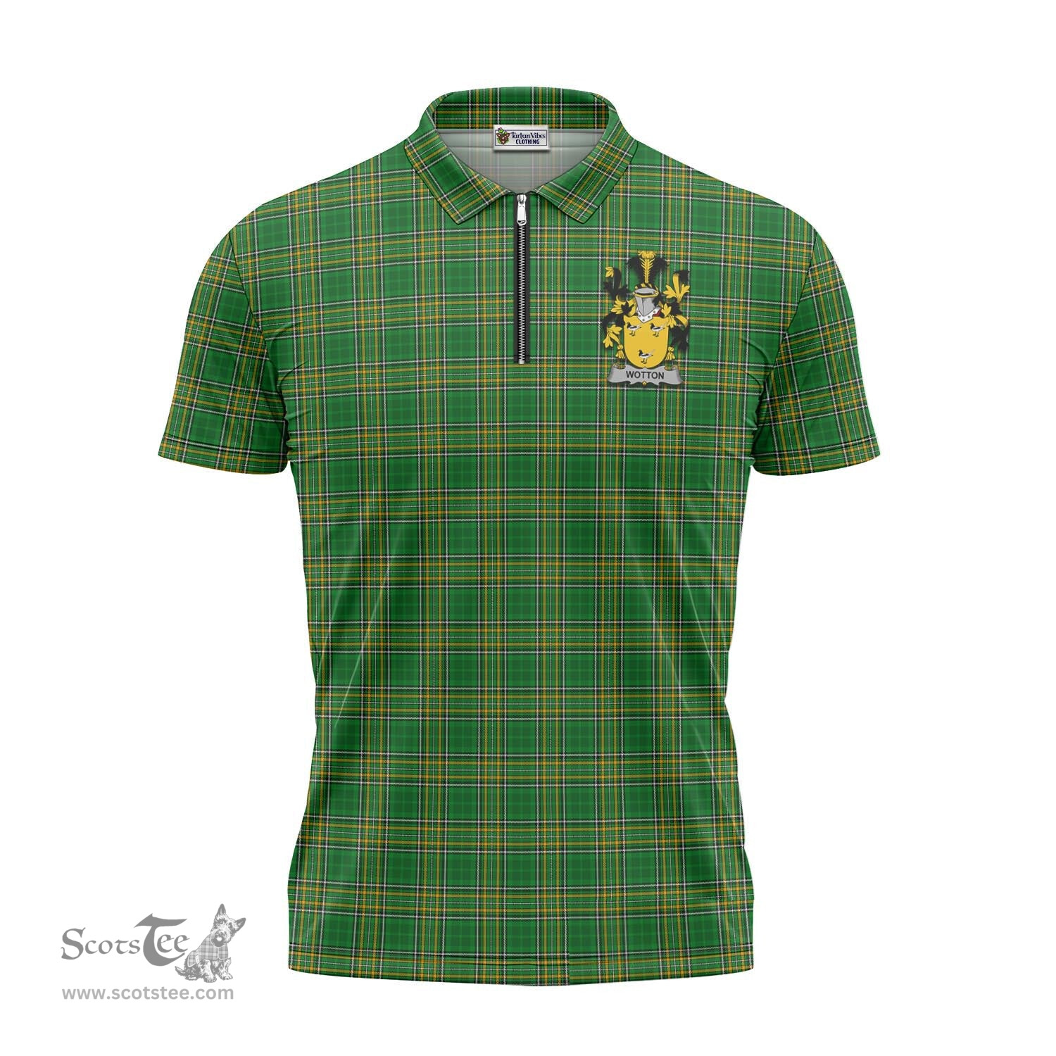 ScotsTee Shop Irish Wotton Coat of Arms Family Crest Ireland Mens Zipper Polo Shirt Irish National Tartan Irish Zipper Polo Shirt